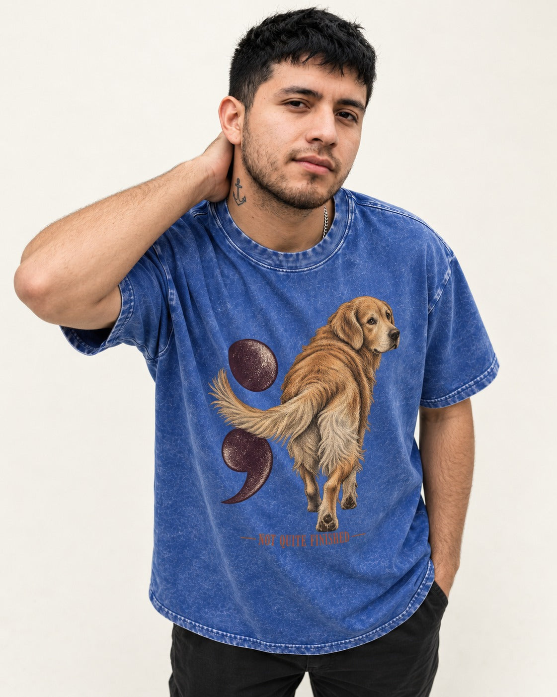 Golden Retriever Not Quite Finished Semicolon Graphic Washed Tee in Royal Blue, worn by a model