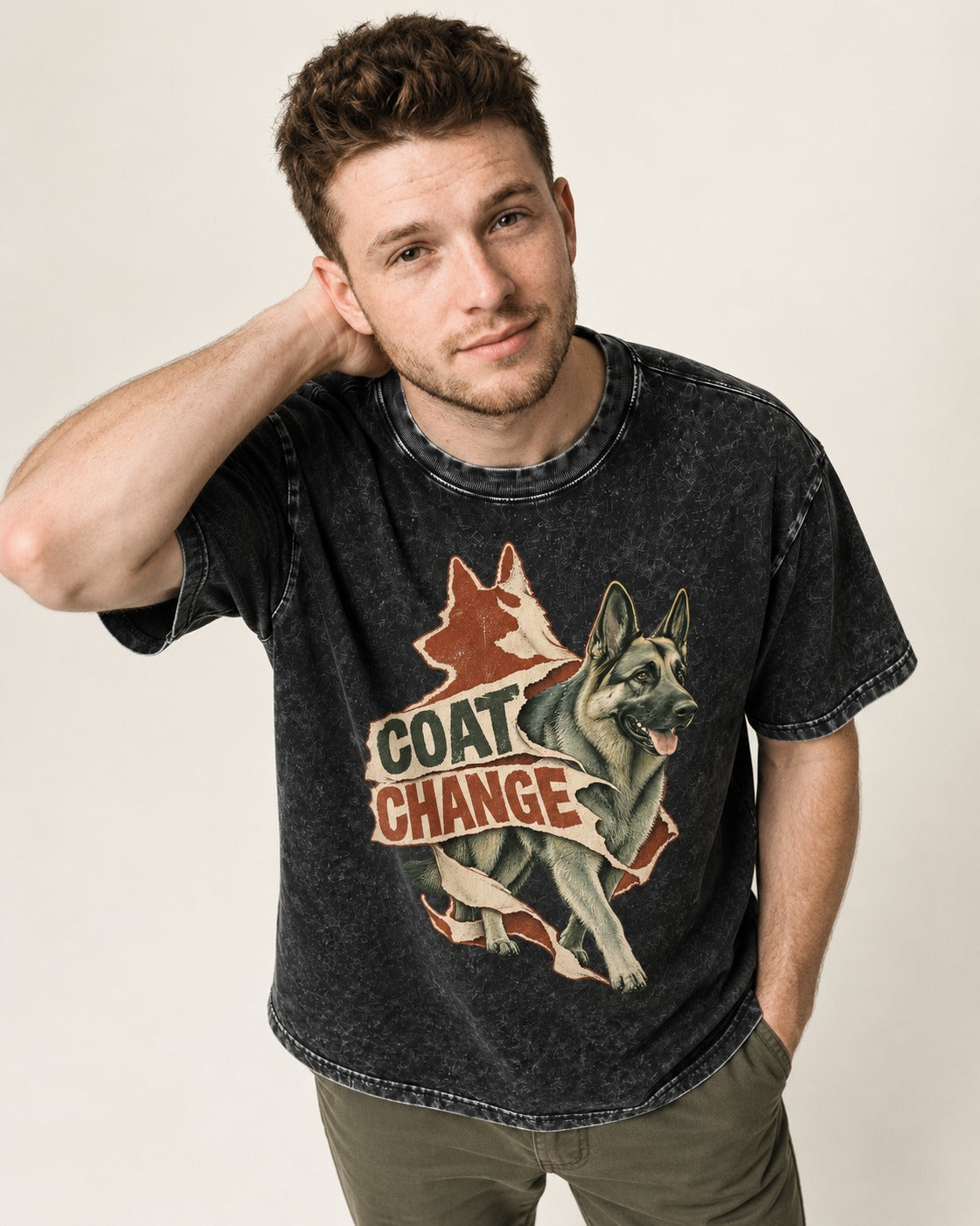 Coat Change Running German Shepherd Dog Ribbon Graphic Washed Tee in Black, worn by a model