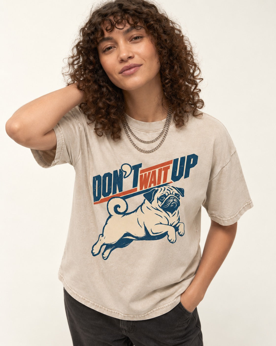 Don't Wait Up for Pug Washed Tee in Apricot, worn by a model