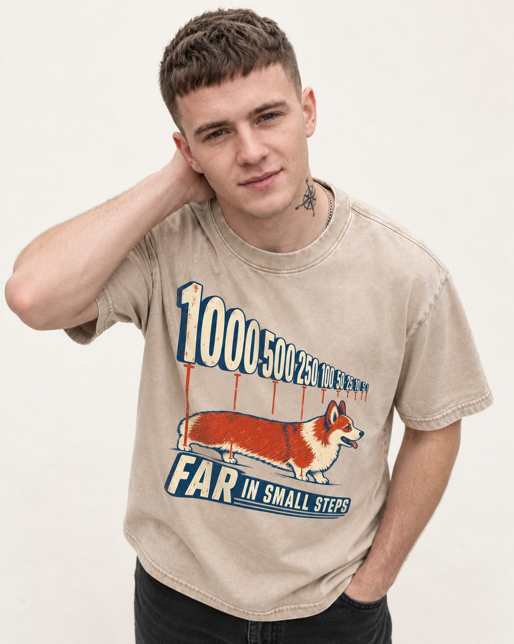 Corgi Far in Small Steps Washed Tee in Apricot, worn by a model