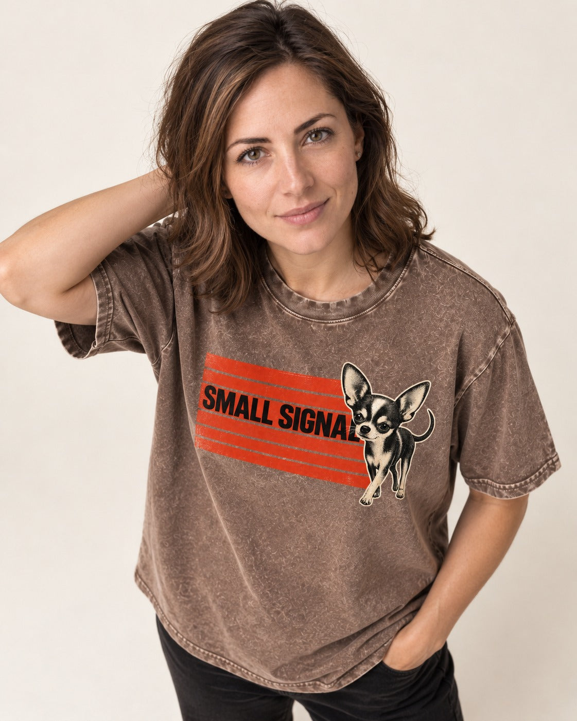Small Signal Chihuahua Washed Tee in Coffee, worn by a model