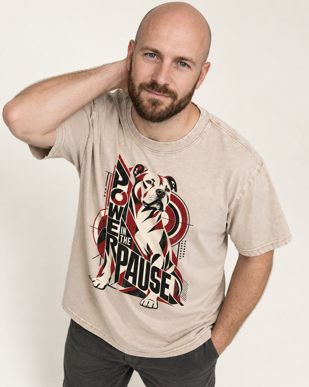 Pitbull Power in the Pause Geometric Graphic Washed Tee in Apricot, worn by a model