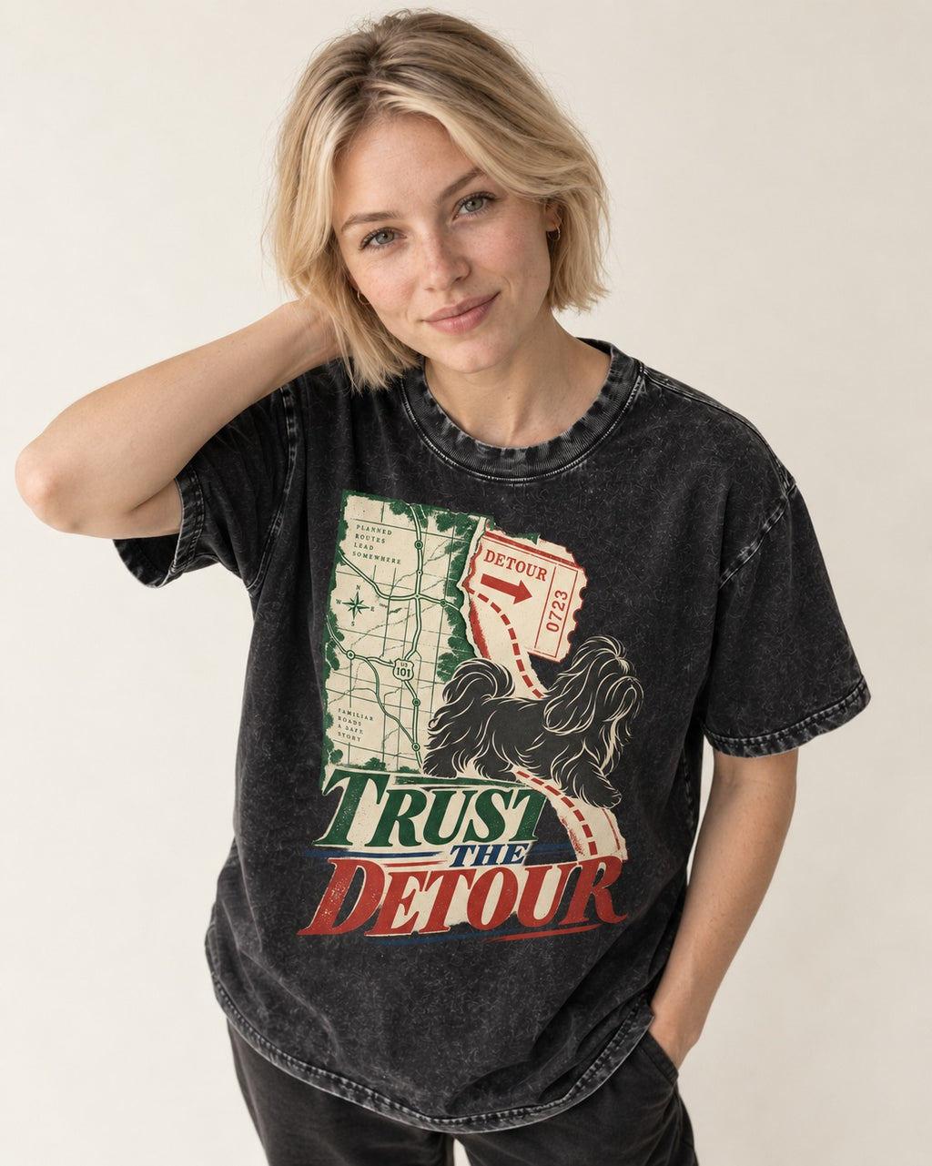 Shih Tzu Trust the Detour Road Map Graphic Washed Tee in Black, worn by a model