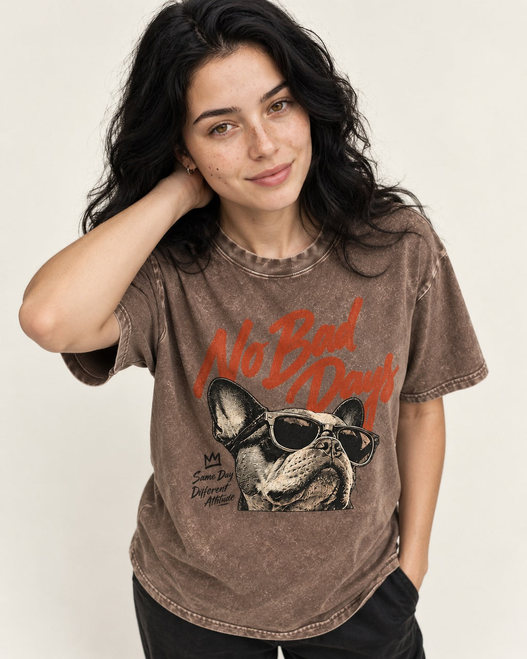 Frenchie No Bad Days Washed Tee in Coffee, worn by a model