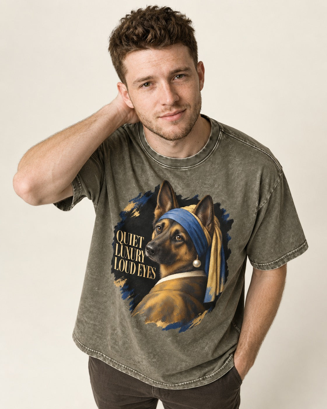 German Shepherd Dog Quiet Luxury Loud Eyes Pearl Portrait Washed Tee in Army Green, worn by a model