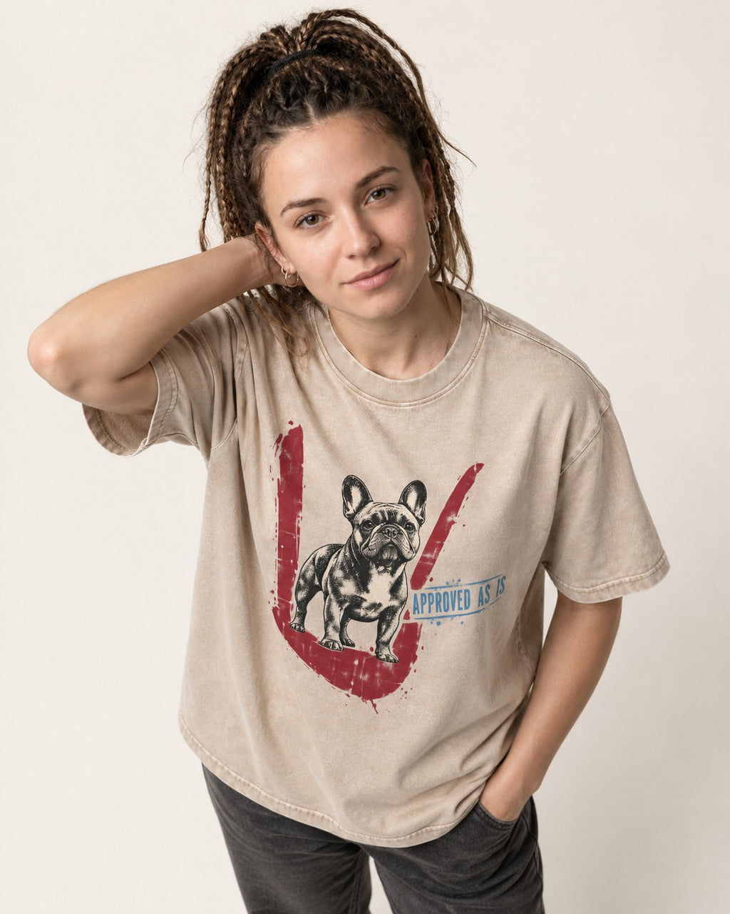 Frenchie Approved As Is Check Mark Graphic Washed Tee in Apricot, worn by a model