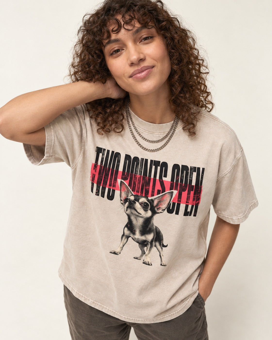 Two Points Open Chihuahua Washed Tee in Apricot, worn by a model