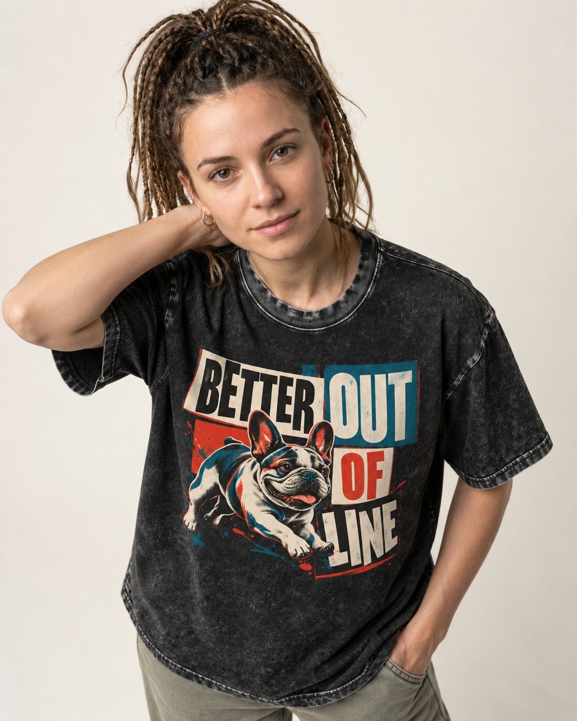 Frenchie Better Out of Line Running Graphic Washed Tee in Black, worn by a model