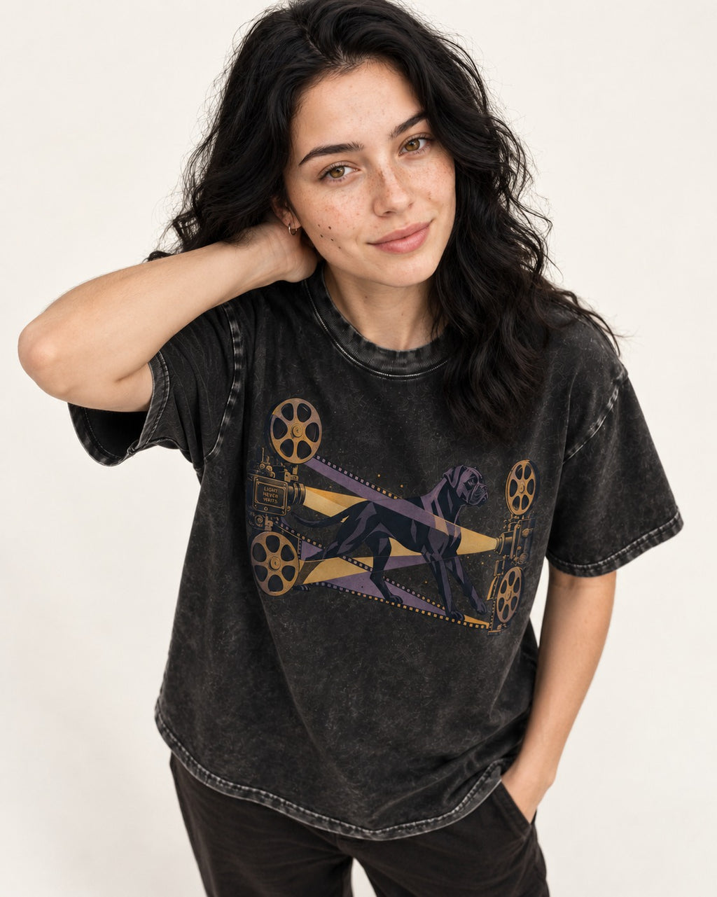 Light Never Waits Boxer Cinema Graphic Washed Tee in Black, worn by a model