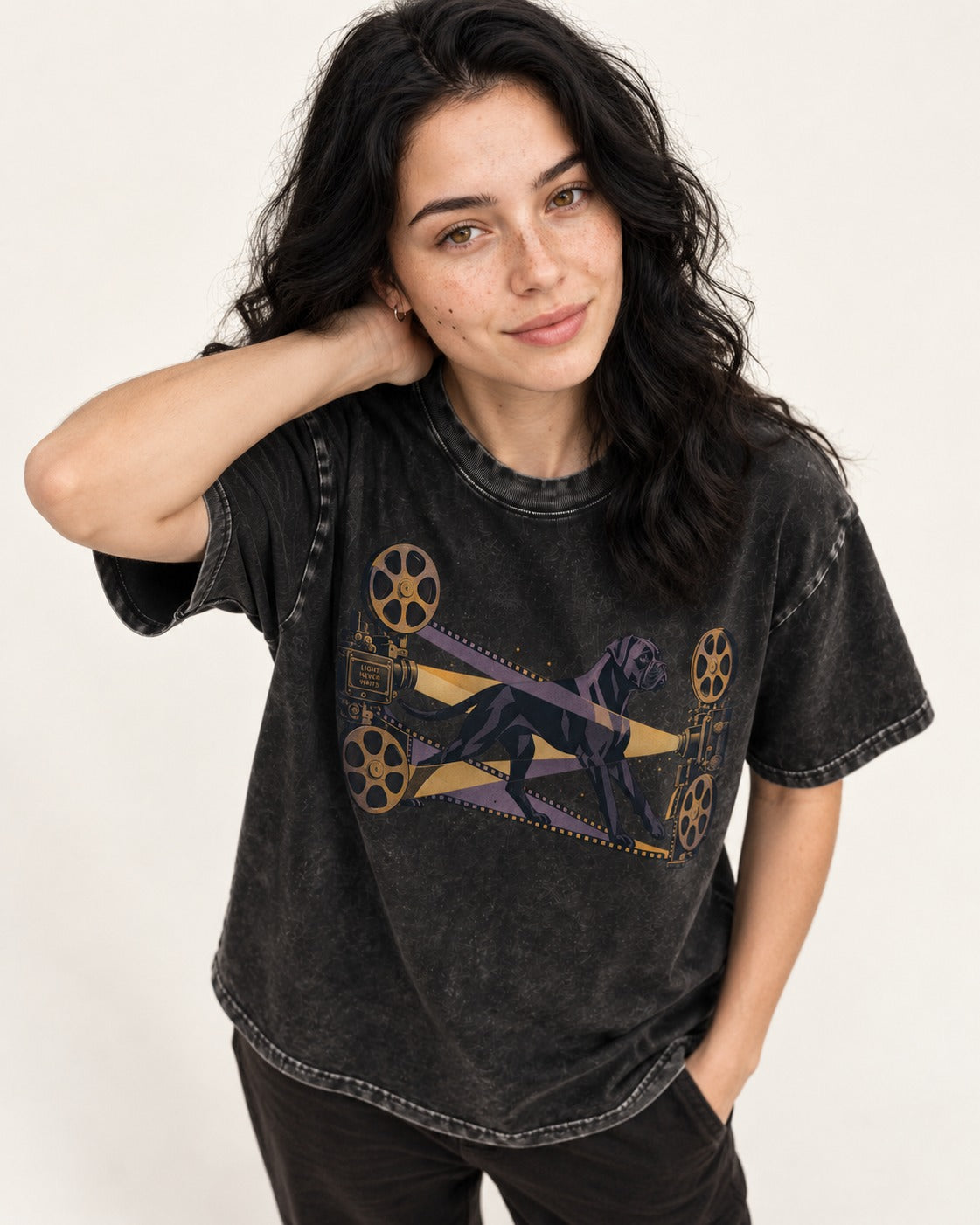 Light Never Waits Boxer Cinema Graphic Washed Tee in Black, worn by a model
