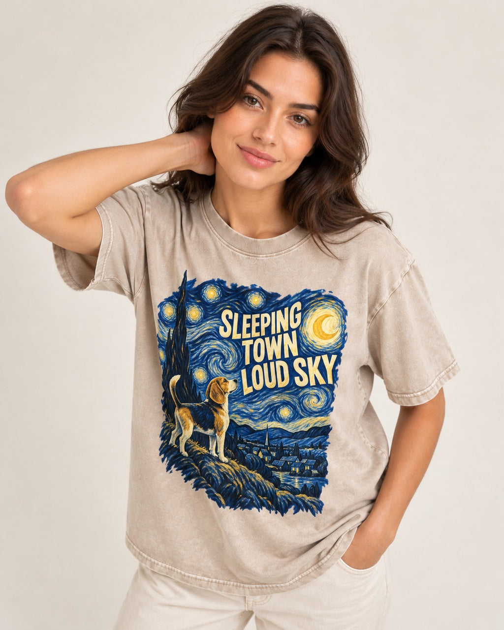 Sleeping Town Loud Sky Beagle Nightscape Washed Tee in Apricot, worn by a model