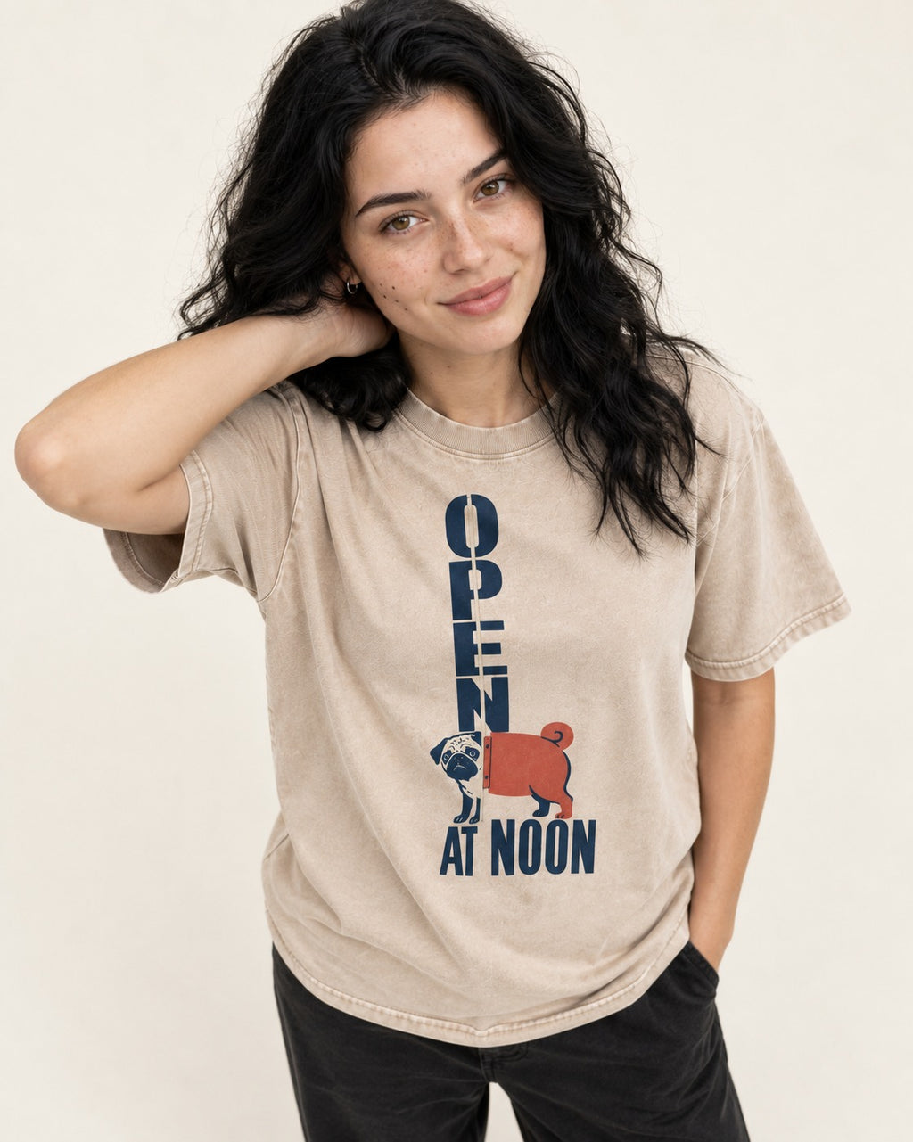Pug Open at Noon Washed Tee in Apricot, worn by a model