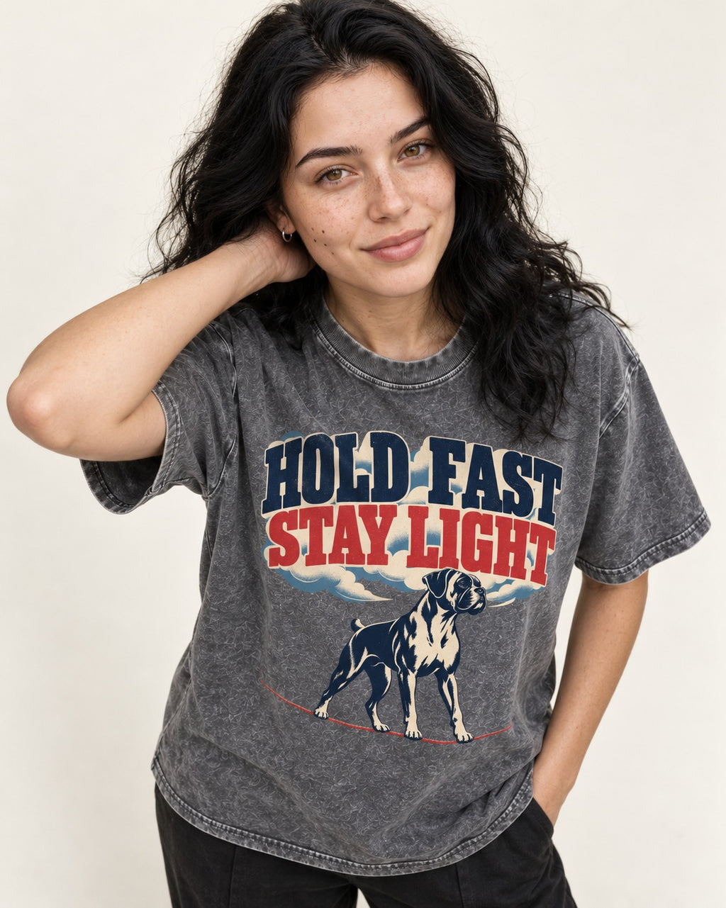 Hold Fast Stay Light Boxer Cloud Graphic Washed Tee in Gray, worn by a model