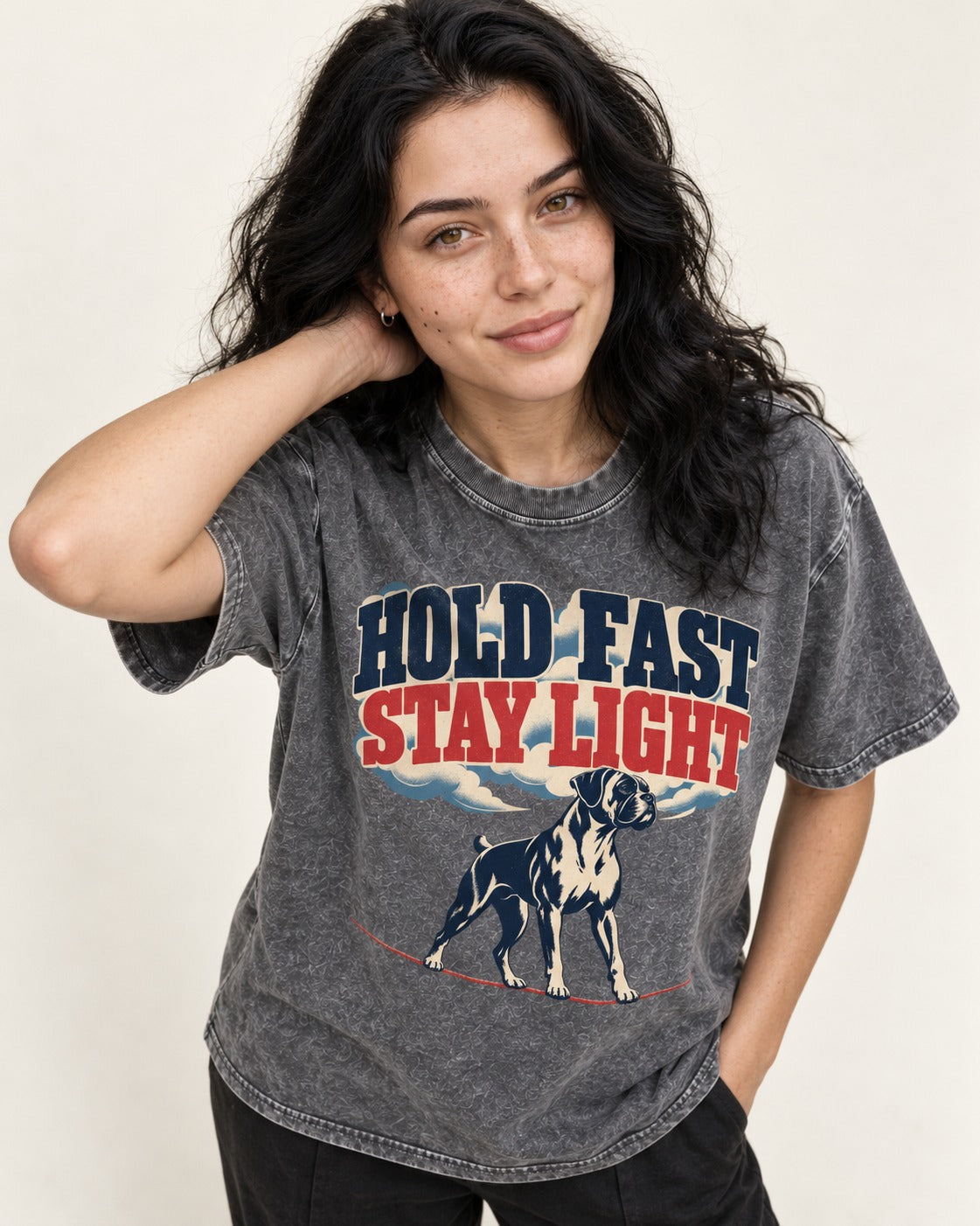 Hold Fast Stay Light Boxer Cloud Graphic Washed Tee in Gray, worn by a model