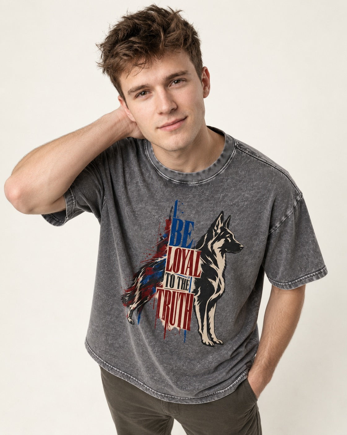 Loyal to the Truth German Shepherd Dog Washed Tee in Gray, worn by a model