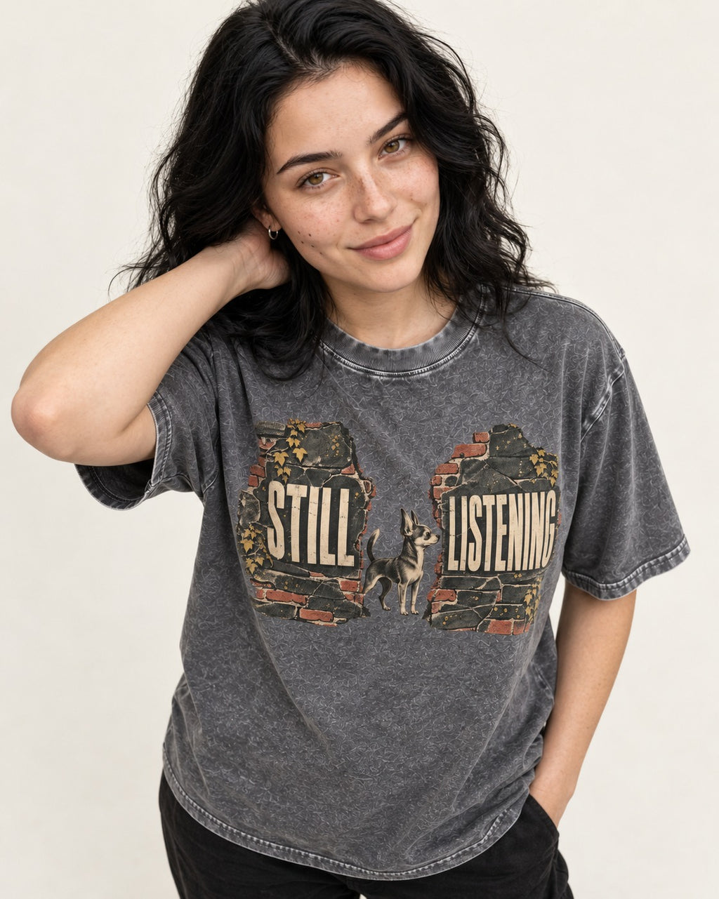 Chihuahua Still Listening Washed Tee in Gray, worn by a model