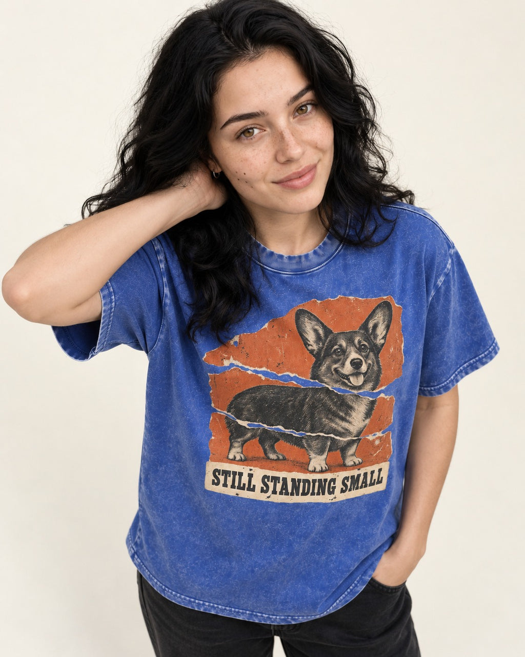 Corgi Still Standing Small Torn Poster Washed Tee in Royal Blue, worn by a model
