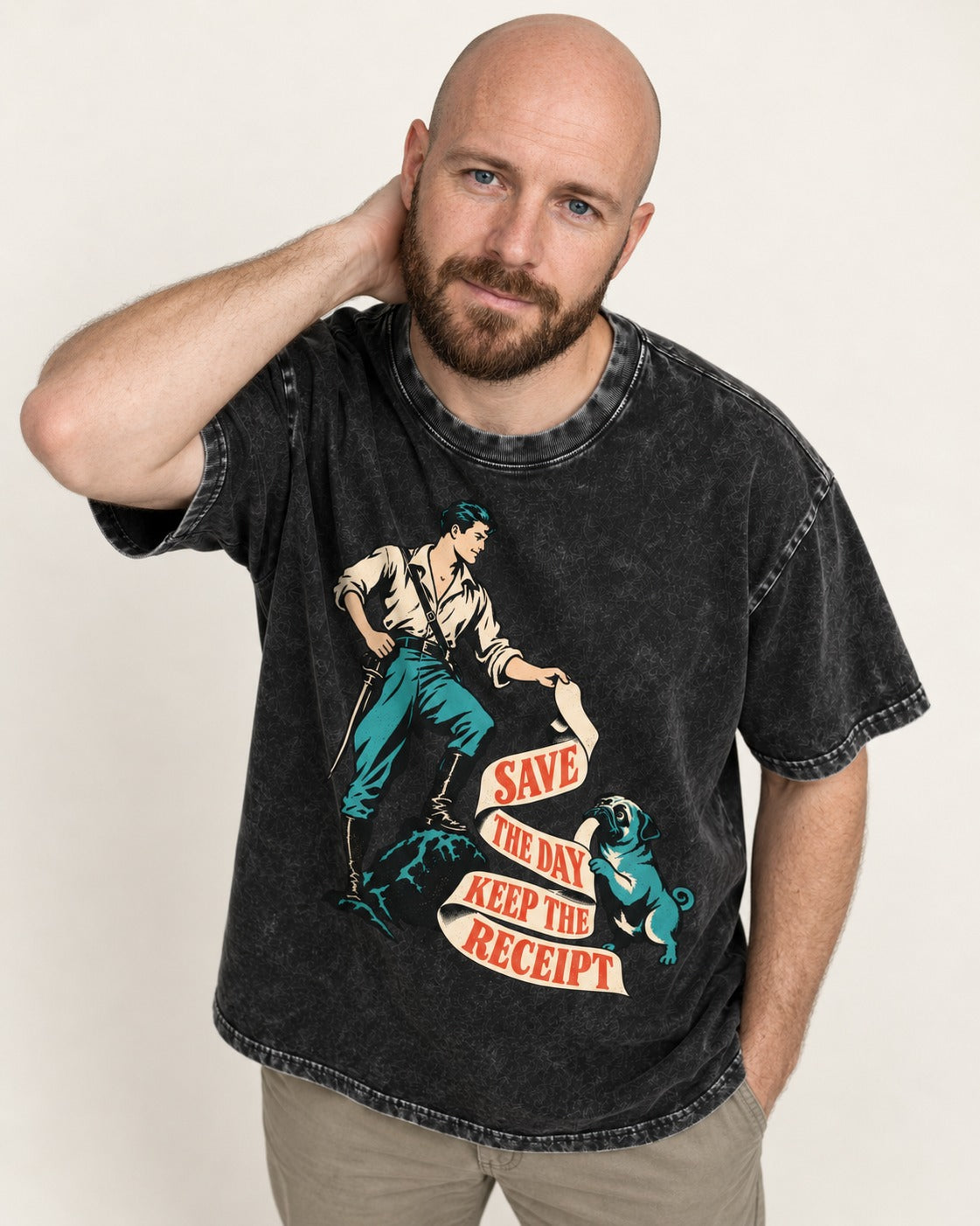 Pug Save the Day Keep the Receipt Hero Graphic Washed Tee in Black, worn by a model