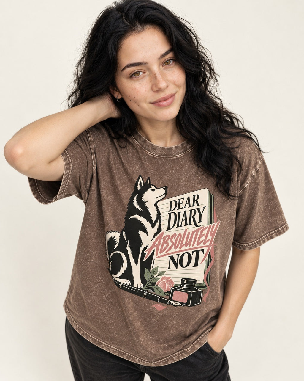 Husky Absolutely Not Washed Tee in Coffee, worn by a model