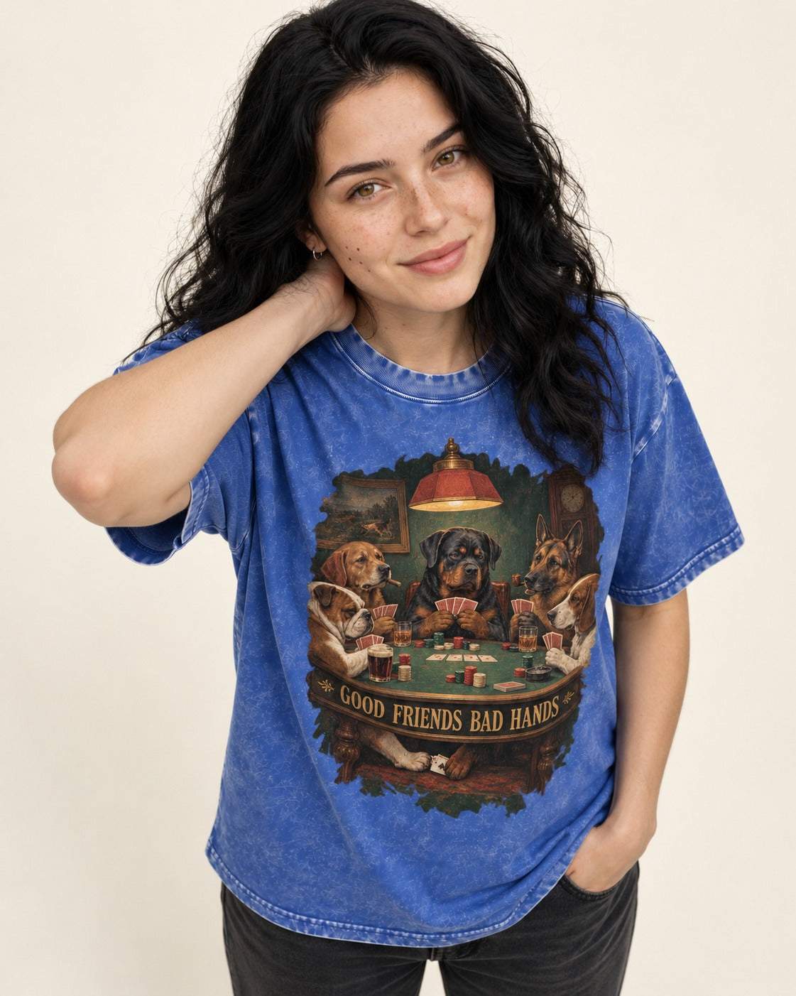 Rottweiler Good Friends Bad Hands Poker Night Graphic Washed Tee in Royal Blue, worn by a model