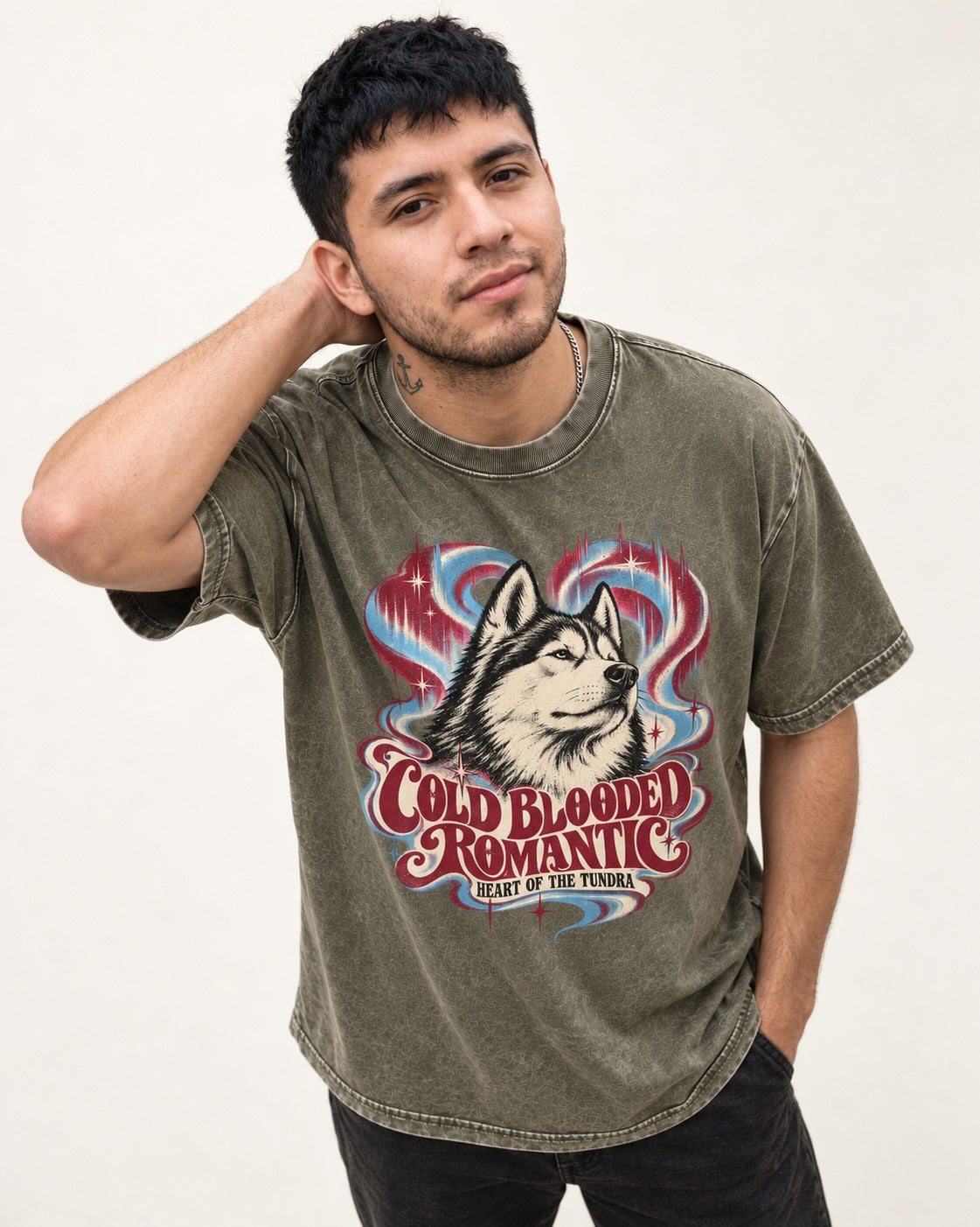 Husky Cold Blooded Romantic Heart of the Tundra Graphic Washed Tee in Army Green, worn by a model