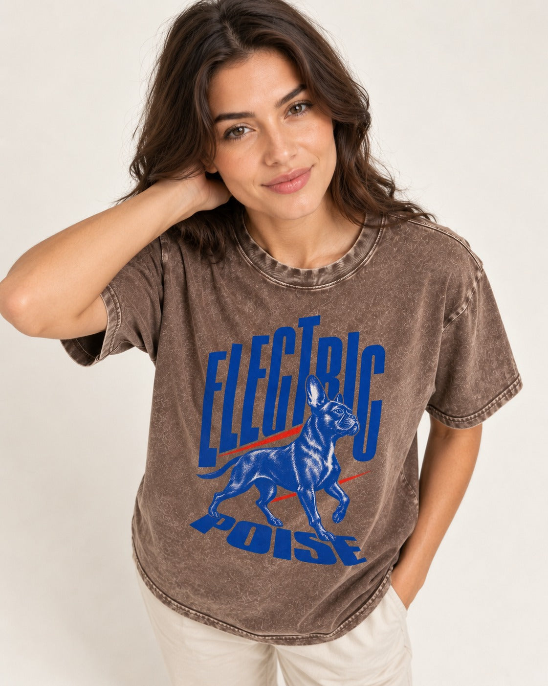 Boston Terrier Electric Poise Washed Tee in Coffee, worn by a model