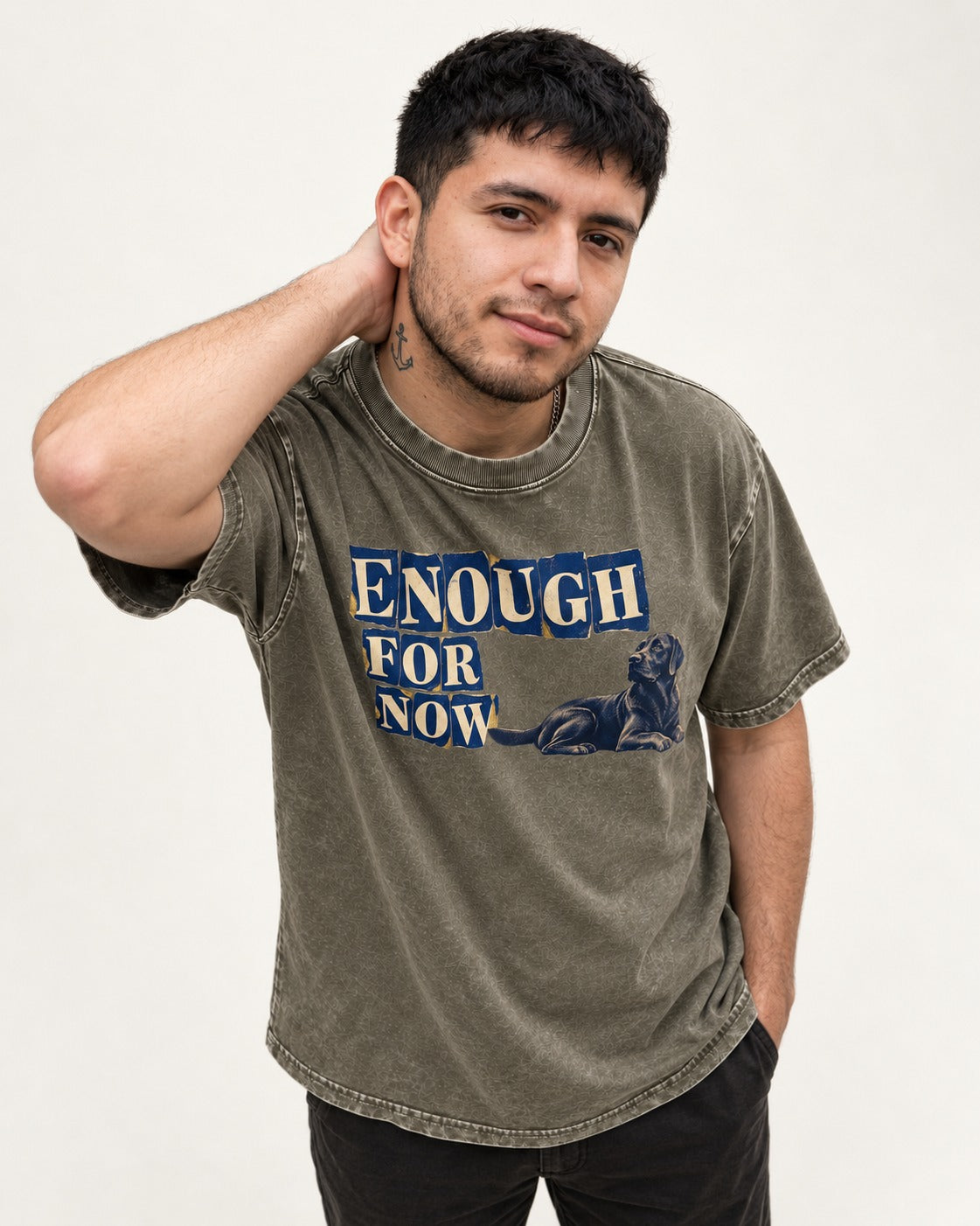 Labrador Retriever Enough for Now Reclining Graphic Washed Tee in Army Green, worn by a model