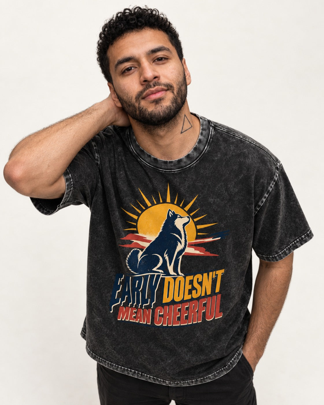 Husky Early Doesnt Mean Cheerful Sunrise Airplane Graphic Washed Tee in Black, worn by a model