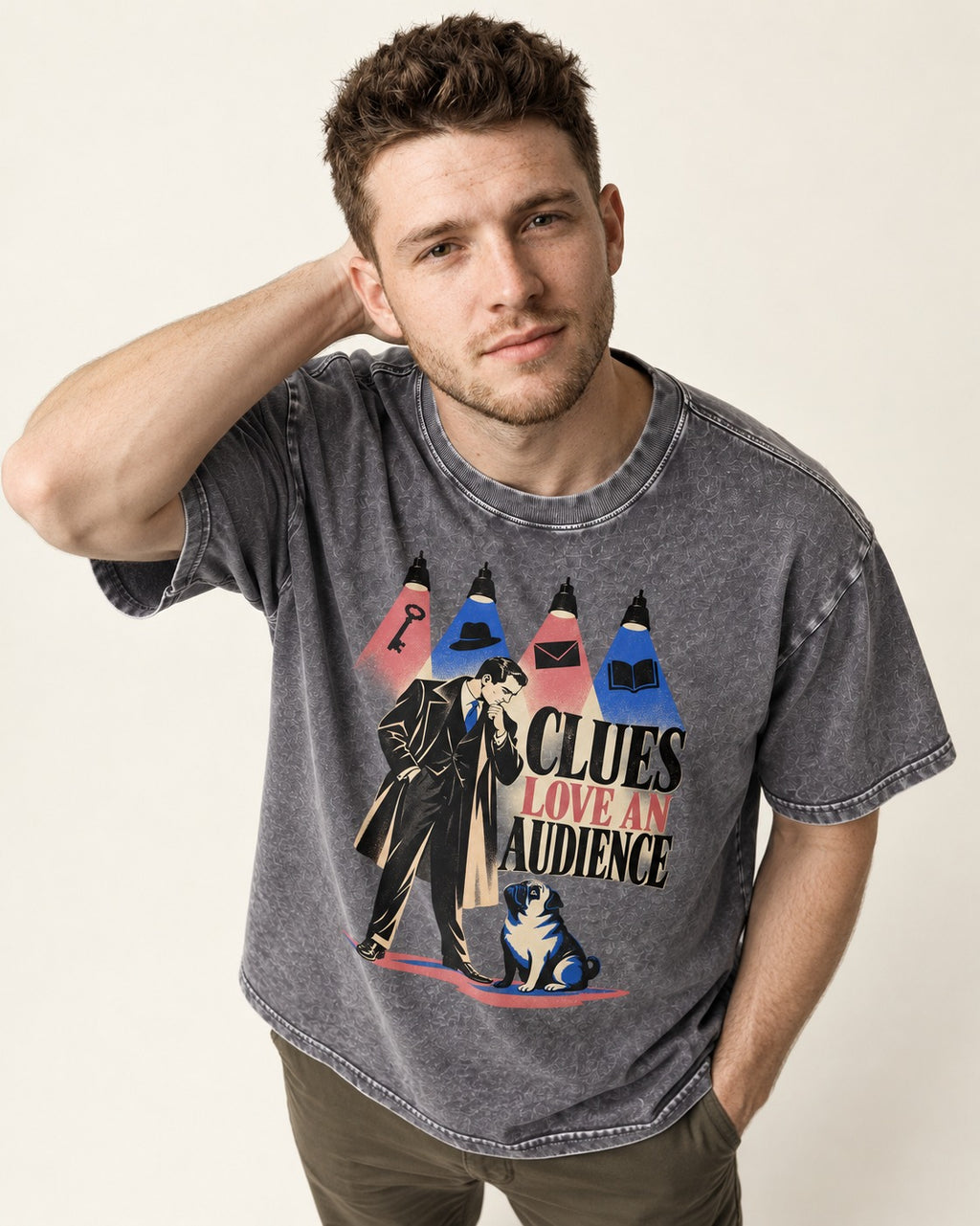 Pug Clues Love an Audience Washed Tee in Gray, worn by a model