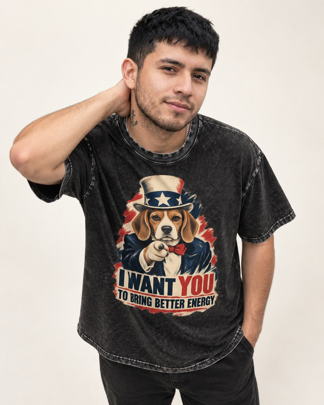 Bring Better Energy Beagle Uncle Sam Washed Tee in Black, worn by a model