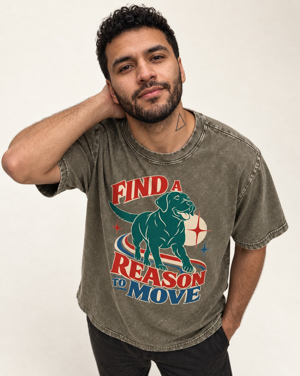 Labrador Retriever Find a Reason to Move Retro Dog Graphic Washed Tee in Army Green, worn by a model