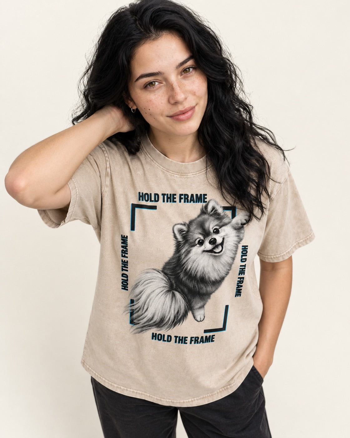 Hold the Frame Pomeranian Washed Tee in Apricot, worn by a model