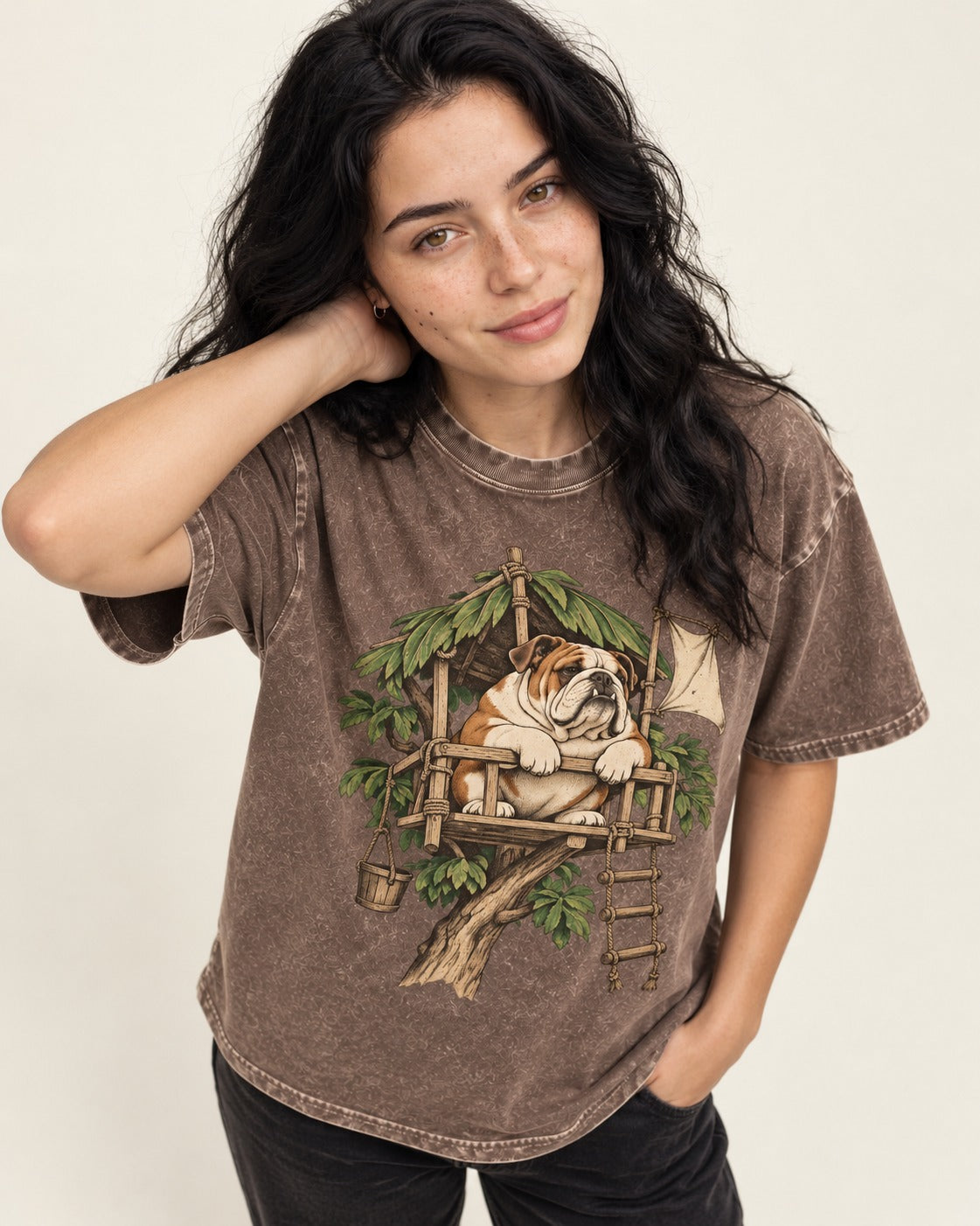 English Bulldog Above It All Washed Tee in Coffee, worn by a model