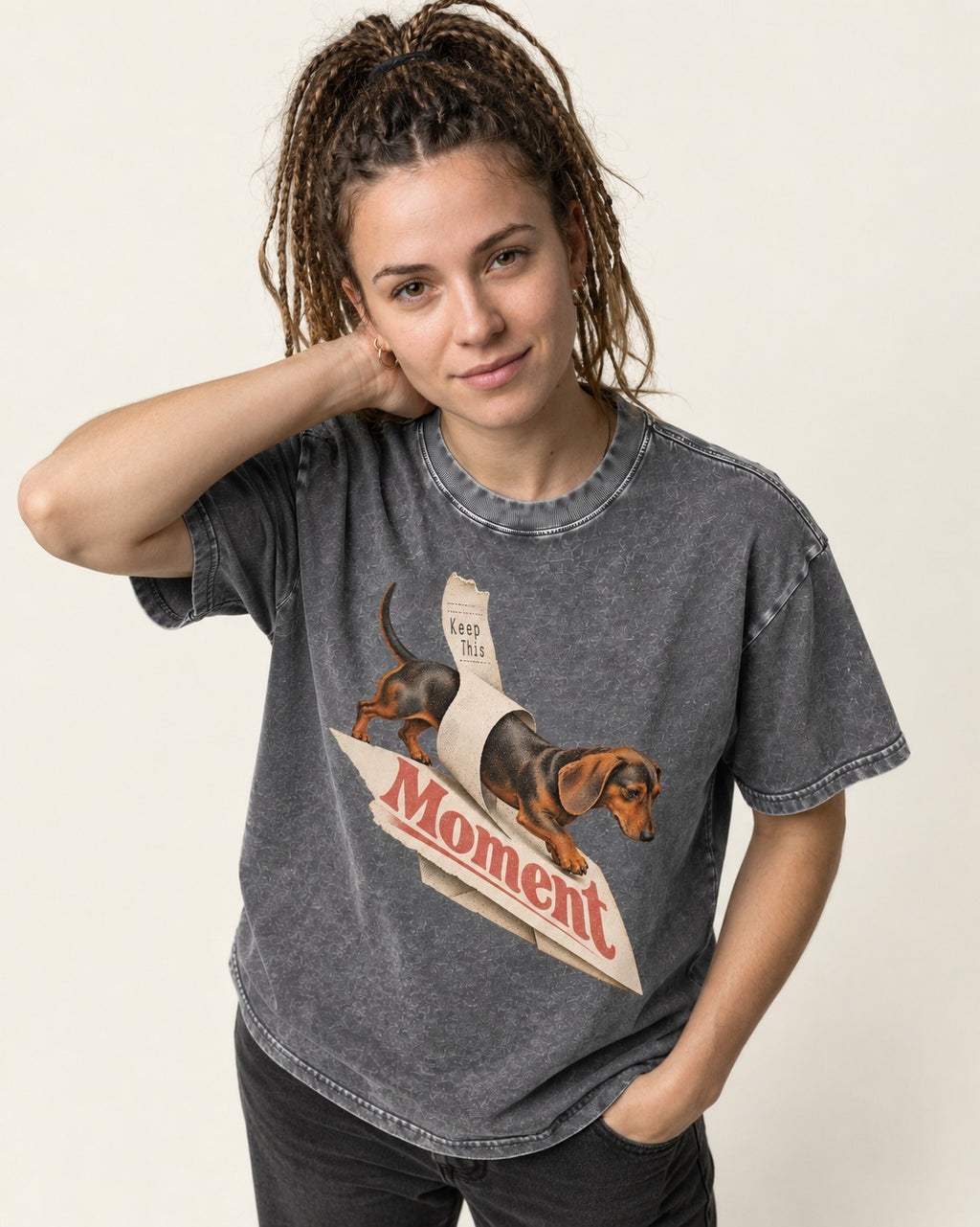 Dachshund Keep This Moment Receipt Graphic Washed Tee in Gray, worn by a model