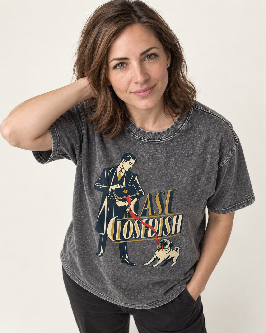Case Closedish Pug Washed Tee in Gray, worn by a model
