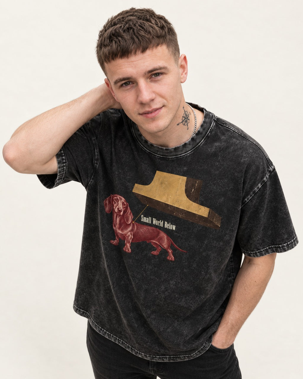 Dachshund Small World Below Giant Shoe Graphic Washed Tee in Black, worn by a model