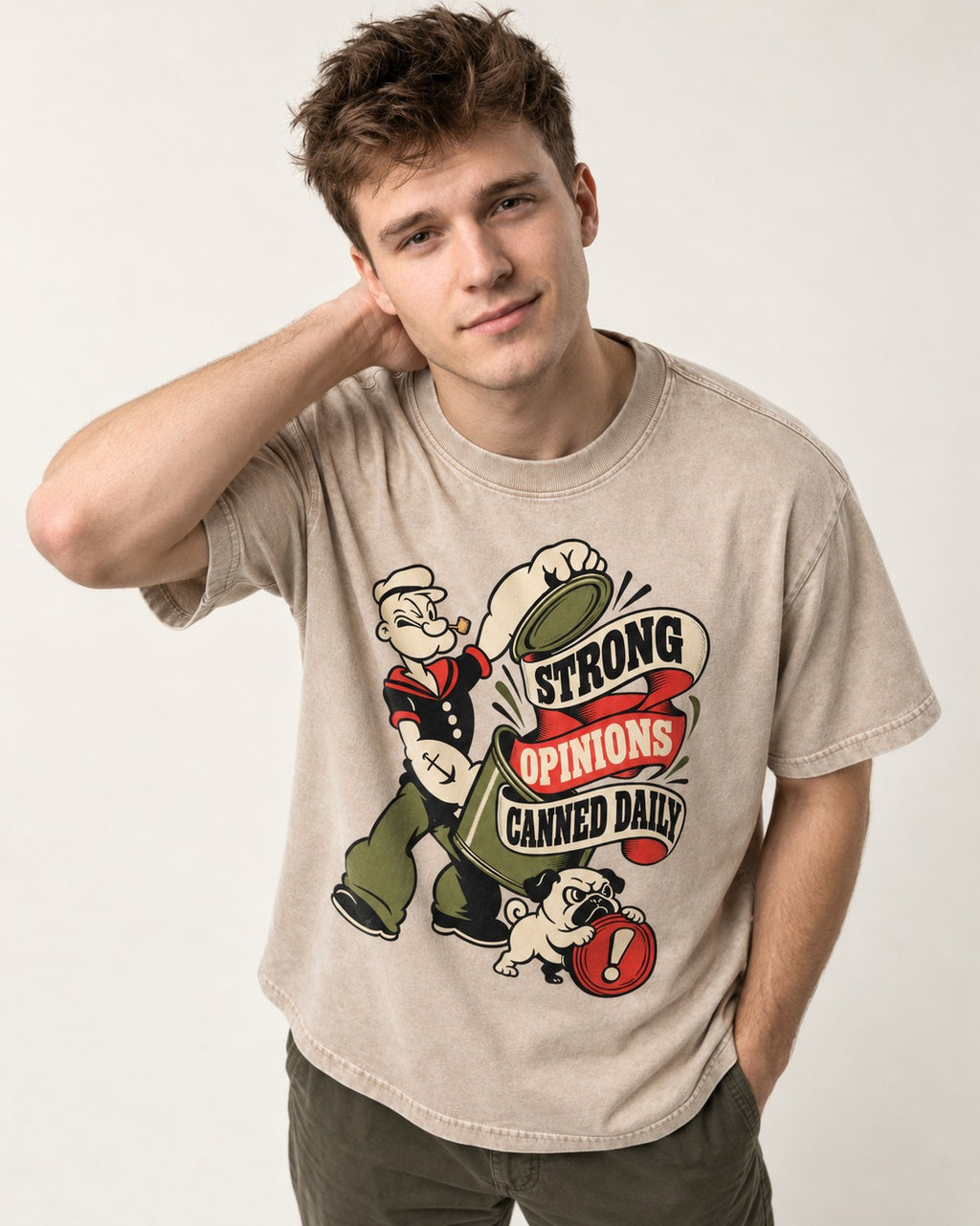 Pug Strong Opinions Washed Tee in Apricot, worn by a model