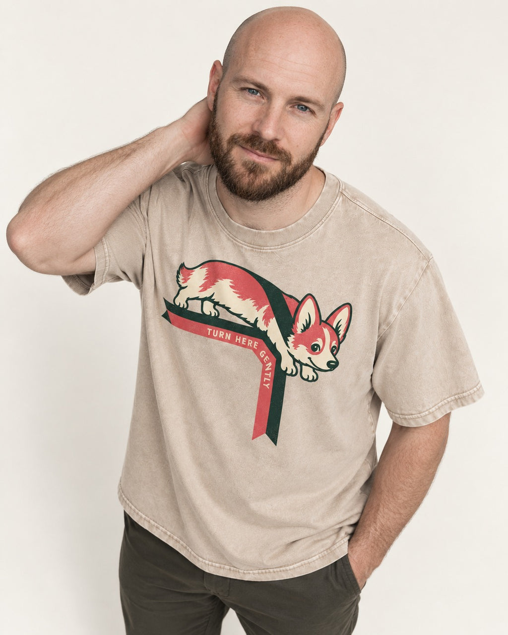 Corgi Turn Here Gently Washed Tee in Apricot, worn by a model