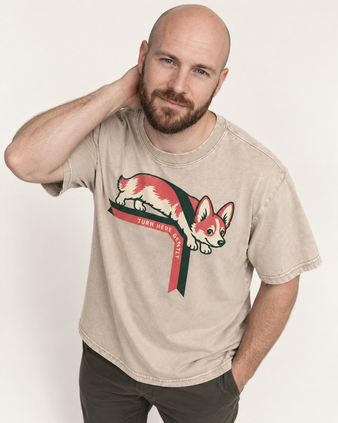 Corgi Turn Here Gently Washed Tee in Apricot, worn by a model