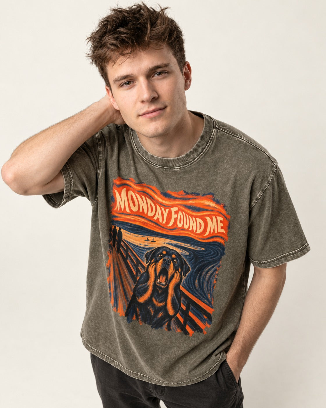 Rottweiler Monday Found Me Scream Parody Graphic Washed Tee in Army Green, worn by a model