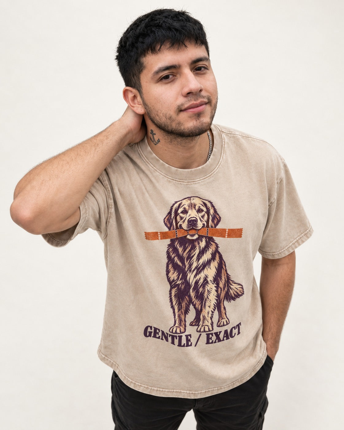 Golden Retriever Gentle Exact Paper Bridge Graphic Washed Tee in Apricot, worn by a model