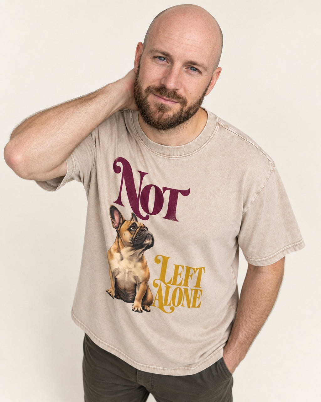Frenchie Not Left Alone Washed Tee in Apricot, worn by a model