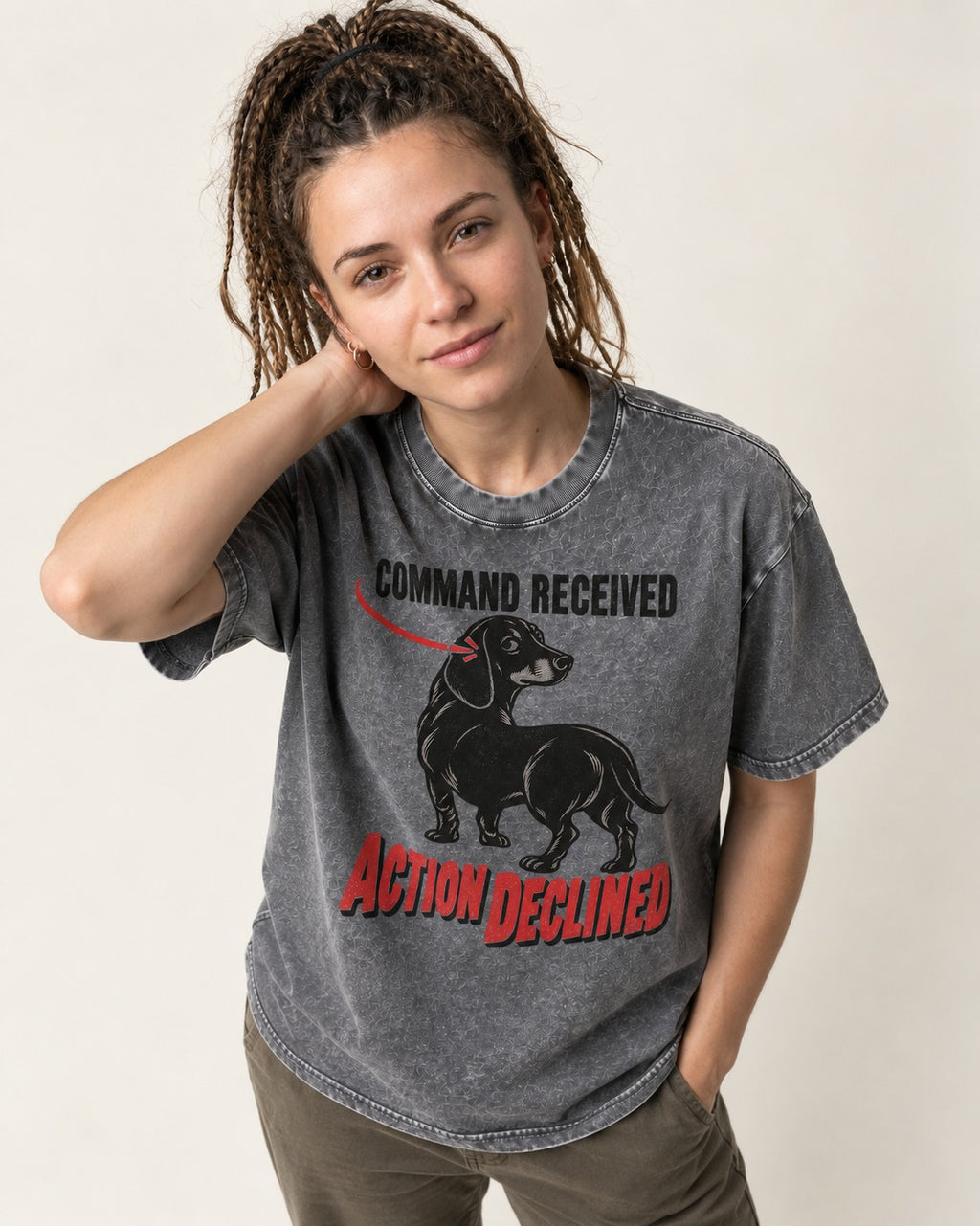 Dachshund Action Declined Washed Tee in Gray, worn by a model