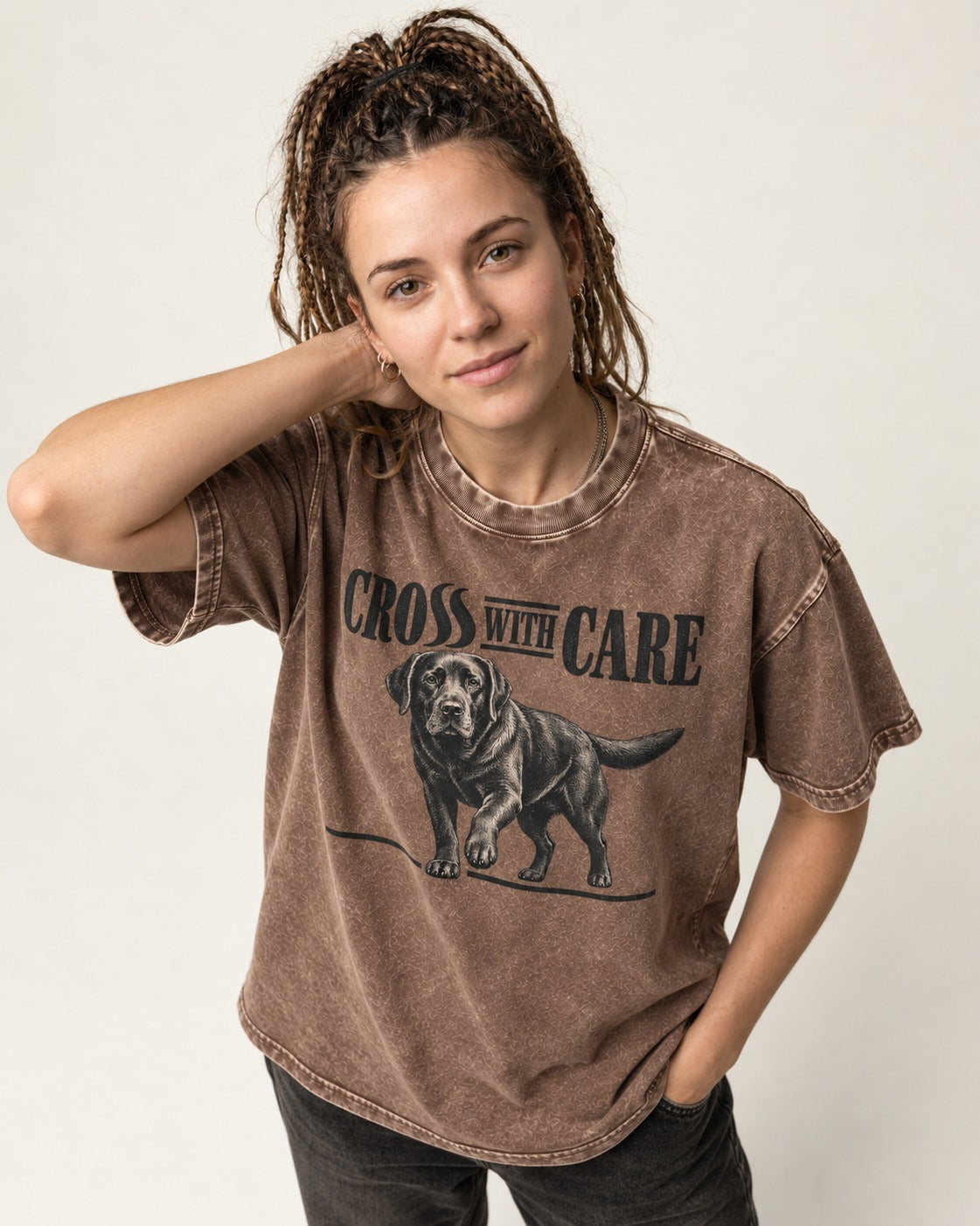 Labrador Retriever Cross with Care Washed Tee in Coffee, worn by a model