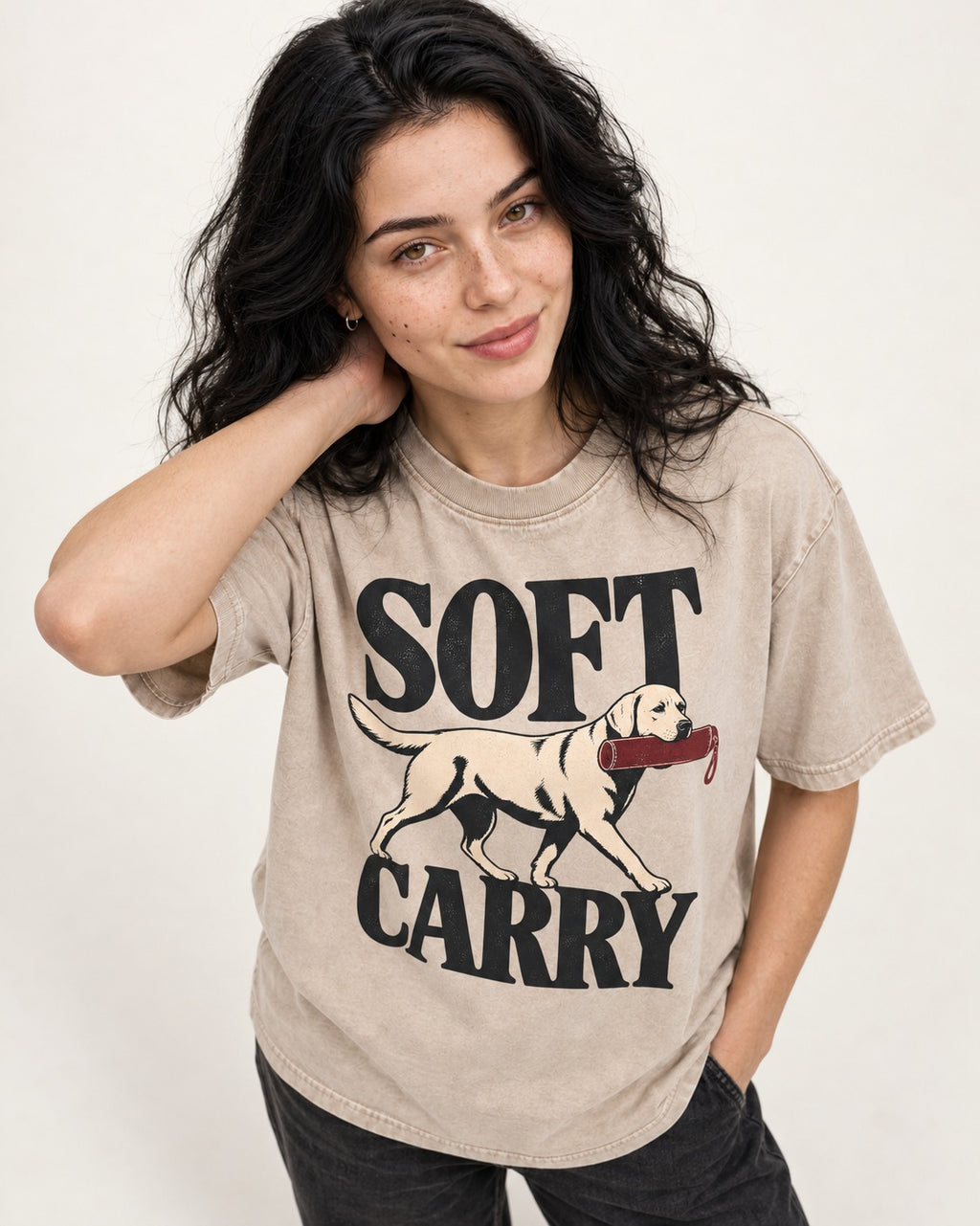 Soft Carry Labrador Retriever Washed Tee in Apricot, worn by a model