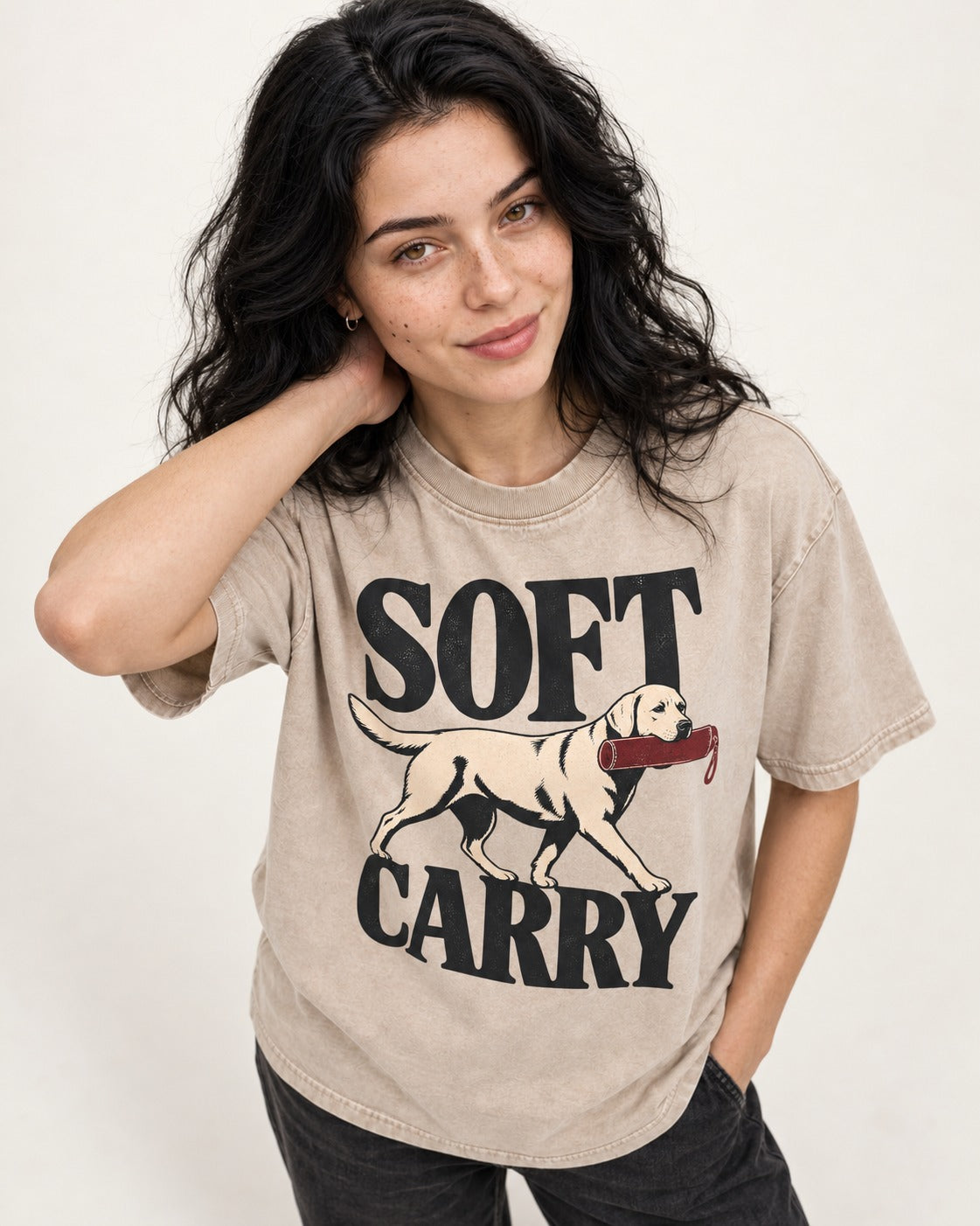 Soft Carry Labrador Retriever Washed Tee in Apricot, worn by a model