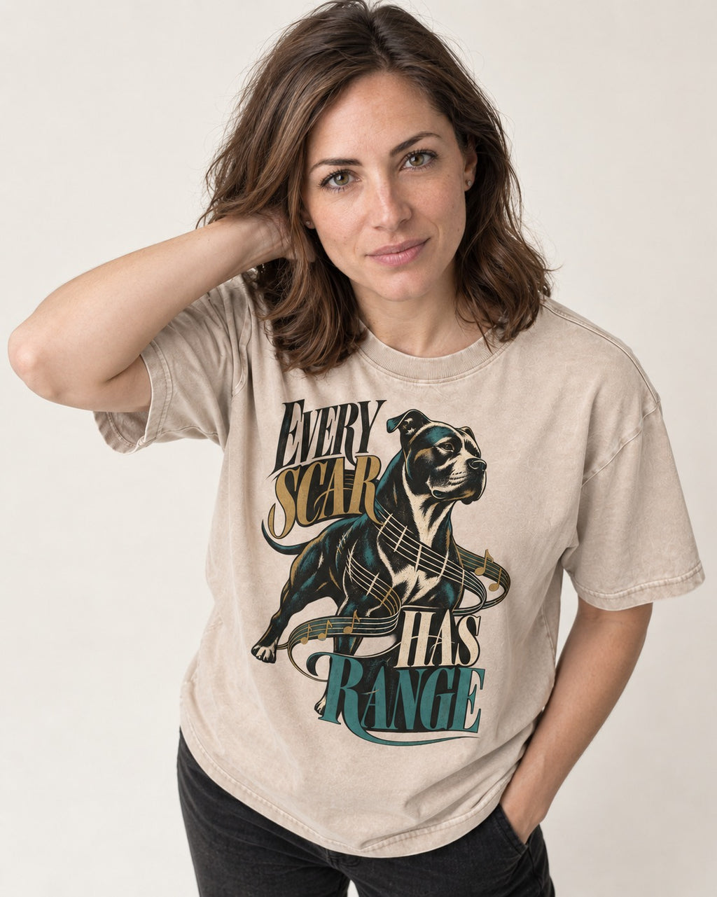Every Pitbull Scar Has Range Washed Tee in Apricot, worn by a model