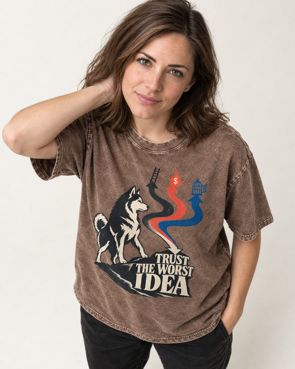 Trust the Worst Husky Idea Washed Tee in Coffee, worn by a model