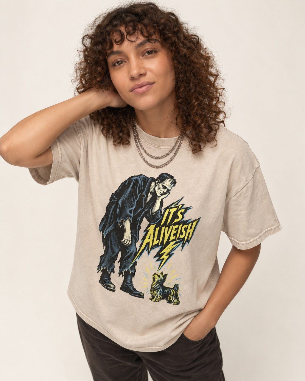 It's Aliveish Yorkshire Terrier Washed Tee in Apricot, worn by a model