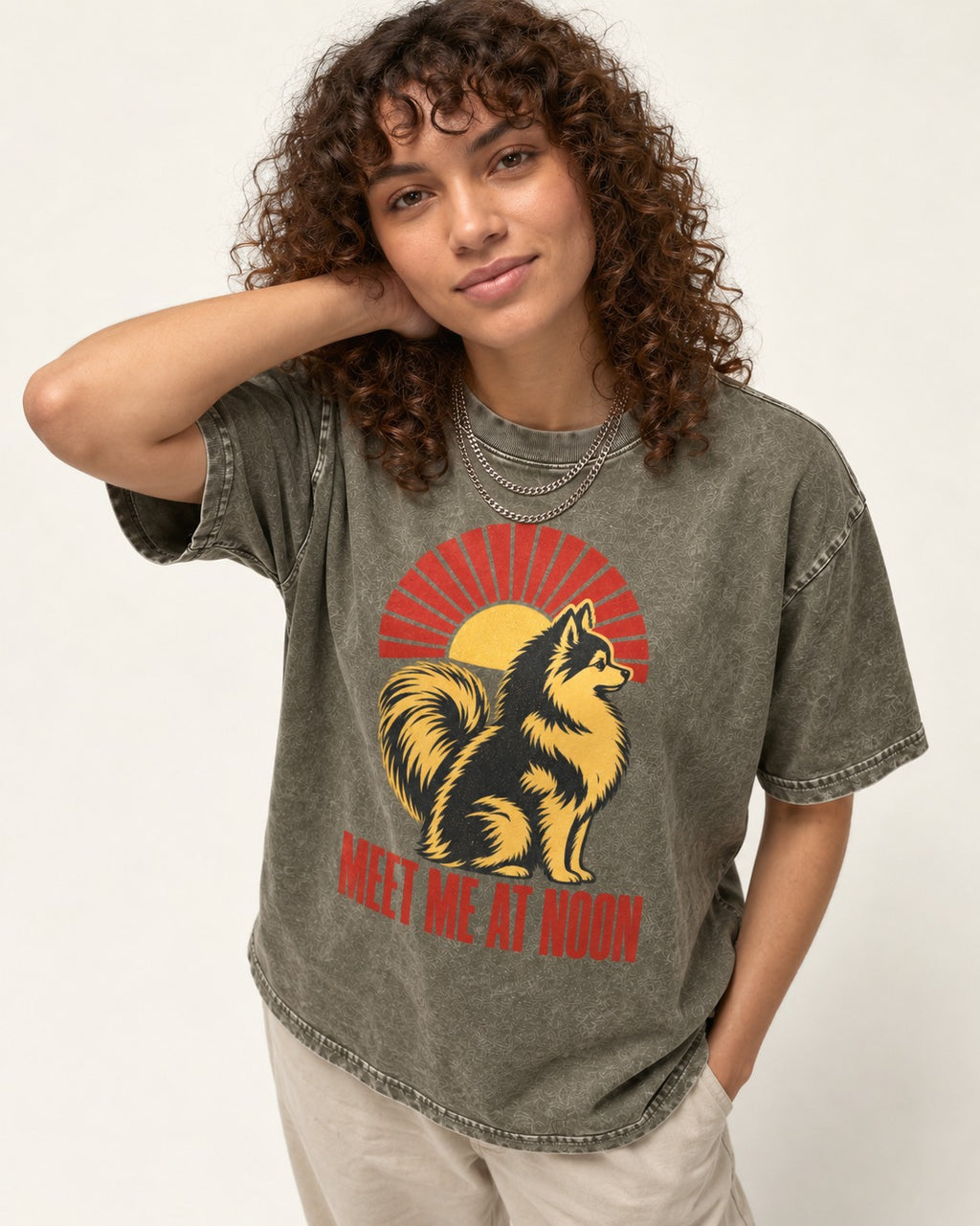 Pomeranian Meet Me at Noon Sunburst Graphic Washed Tee in Army Green, worn by a model